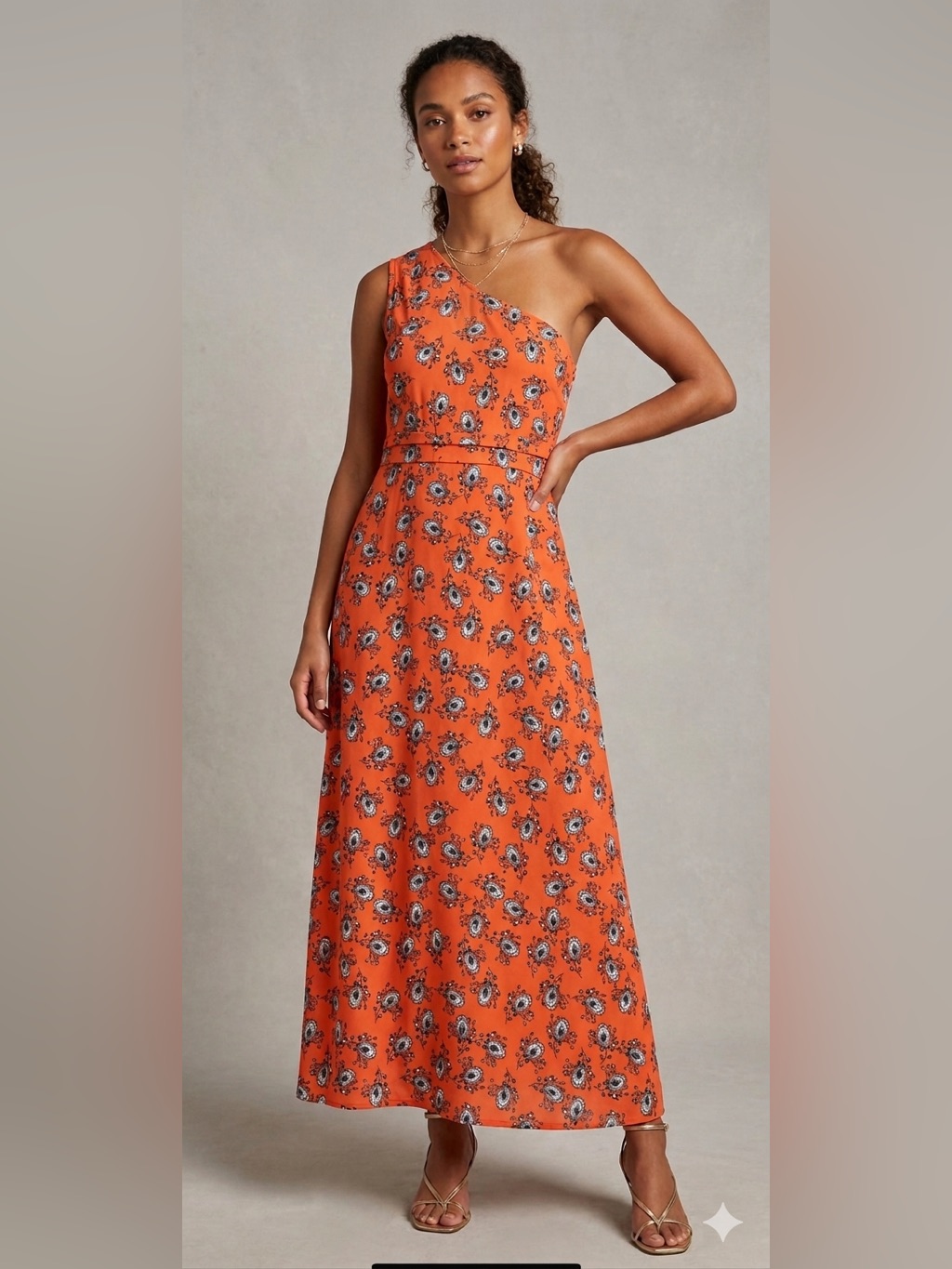 One-Shoulder Orange Floral Maxi Dress